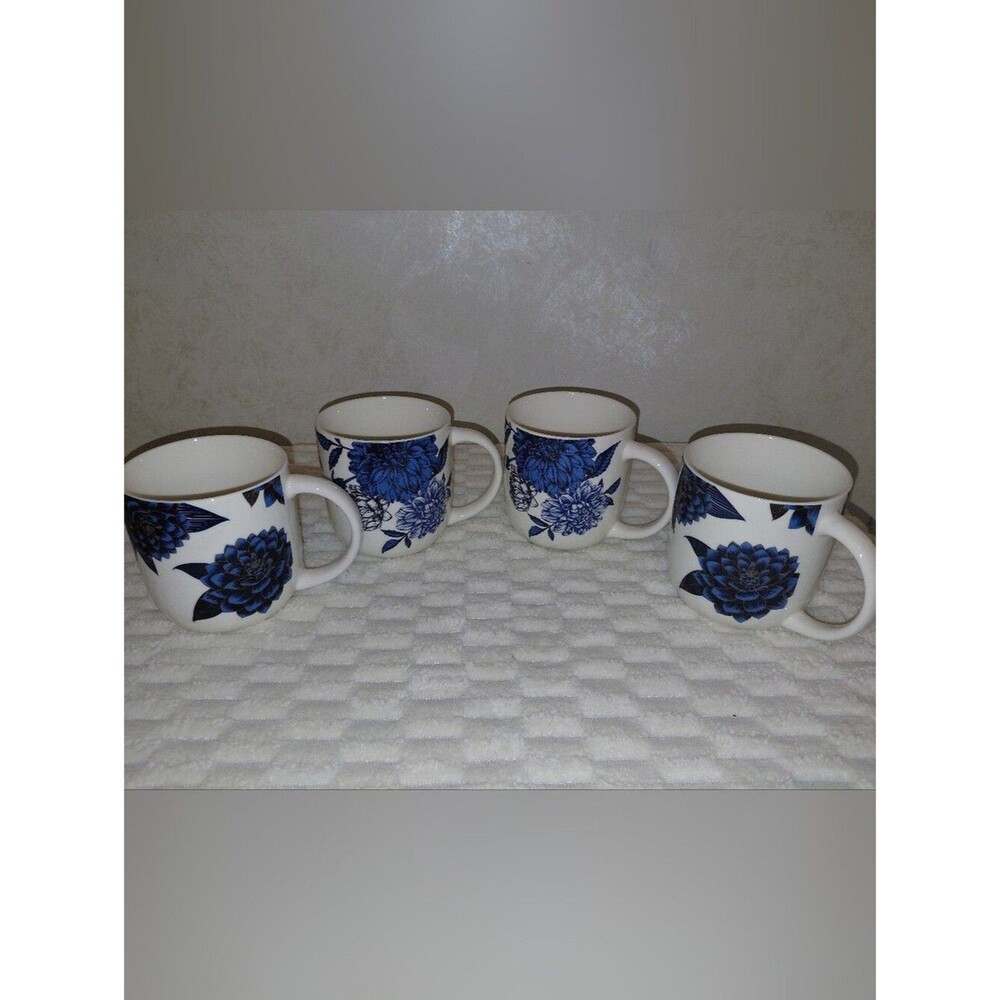 Blue Floral Ceramic Coffee Mug - Set of 4